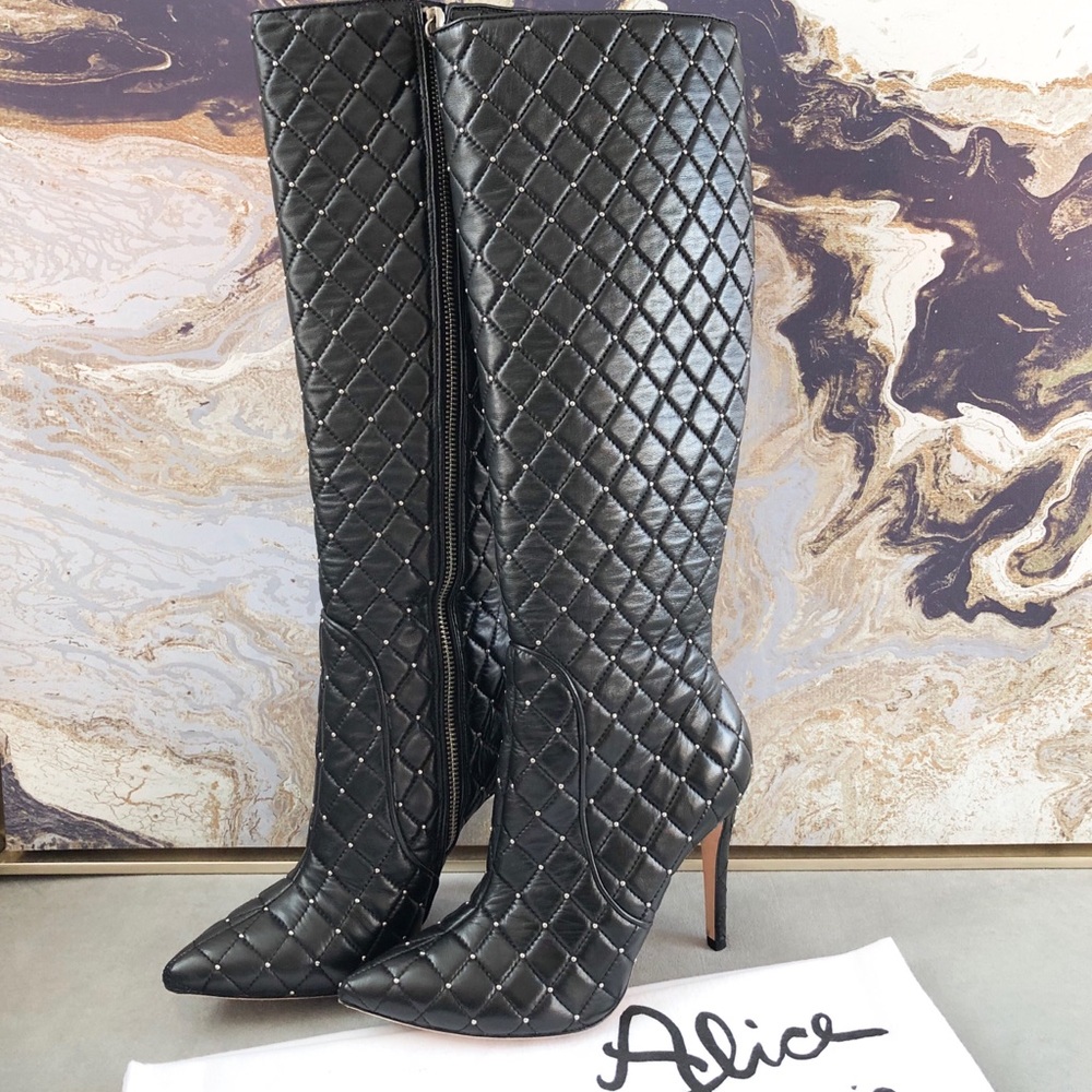 Alice Olivia Quilted Studded Leather Heel Boots